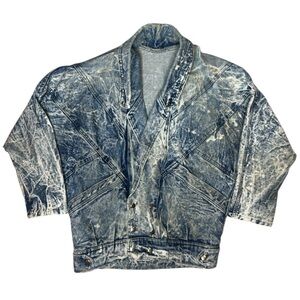 Vintage 1980s Acid Wash Denim Studded Snap Button Avant Garde Crop Jean Jacket